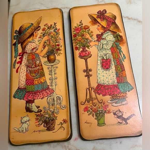 Other - Vintage 1970 Calico Kids By Amy Wall Plaques On Wood Set Of 2